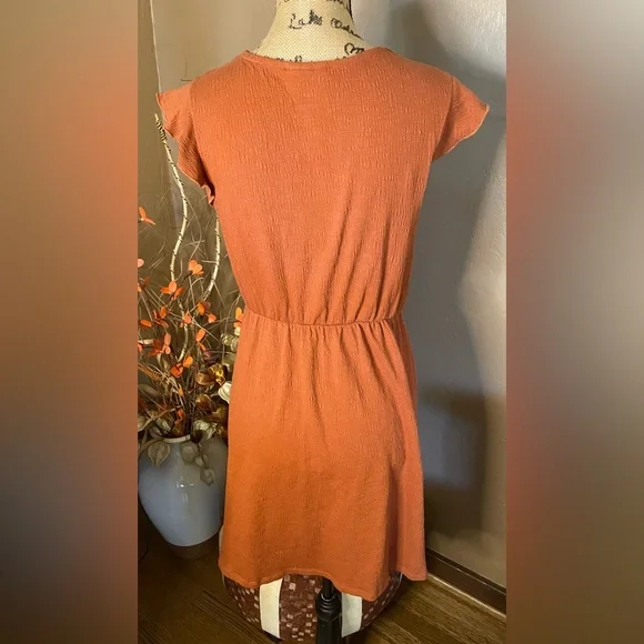 Roxy Terracotta Orange Midi Dress ruffle sleeve v neck sz M PTP 17” - Picture 2 of 5